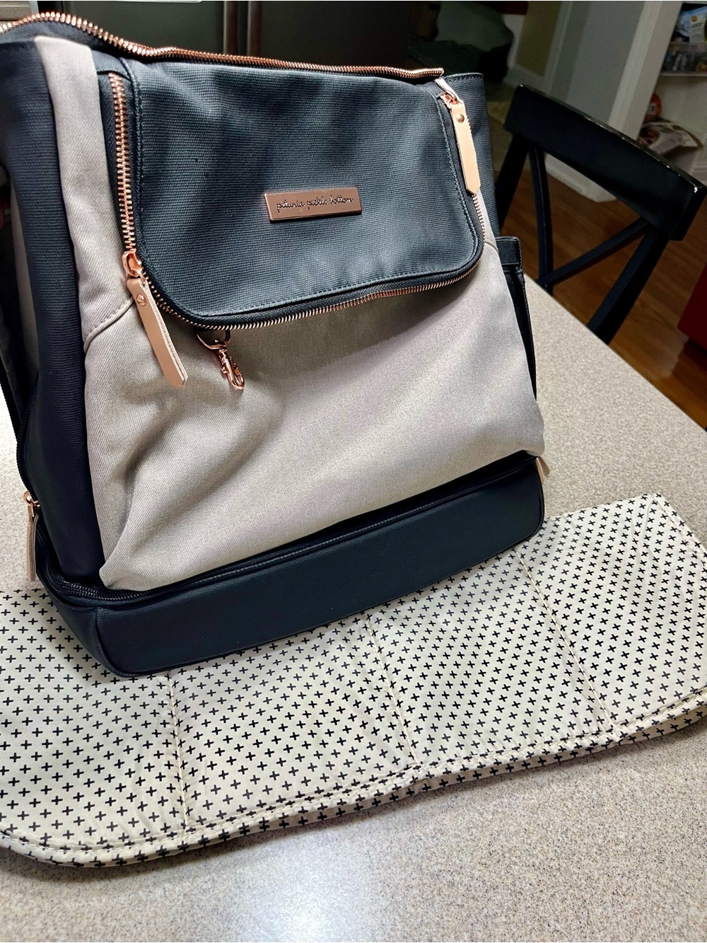 Petunia Pickle Bottom Cream and Black Cross-Print Bag with Rose Gold Hardware